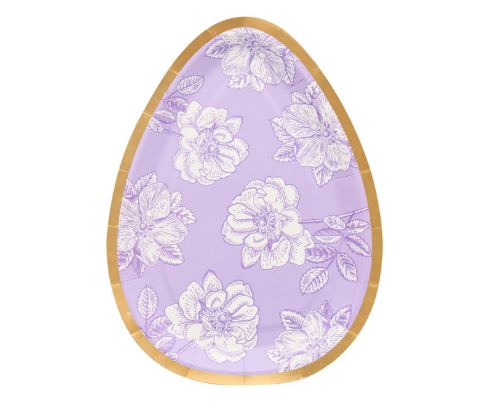 Serve treats in style at your spring gatherings with Sophistiplate’s Easter Toile Assorted Die Cut Salad Plates—egg-shaped, gold-rimmed plates with white floral designs on lavender. Each pack includes 8 disposable paper plates.