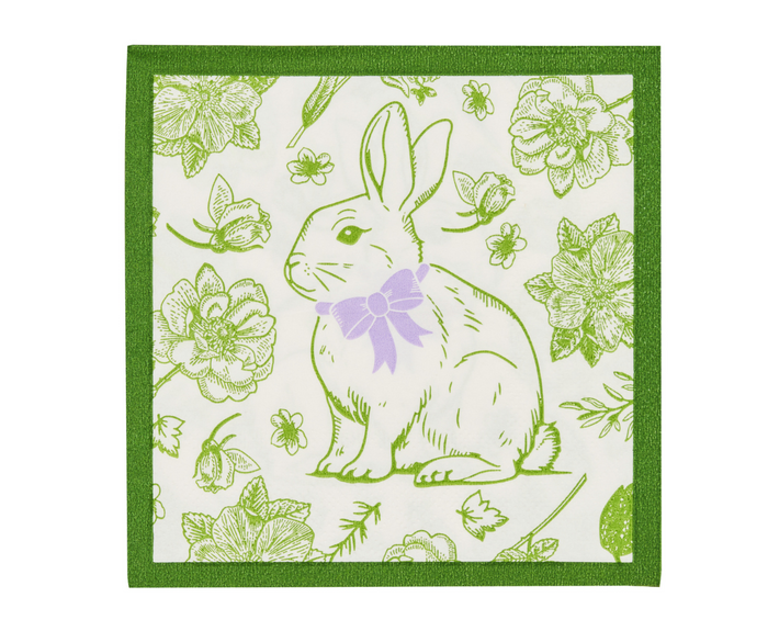 The Ultimate Easter Tablescape for 16: Easter Toile by Sophistiplate LLC features square napkins with green borders, a rabbit in purple bow, plus floral accents—ideal for elevating your Easter table with matching designer paper plates.