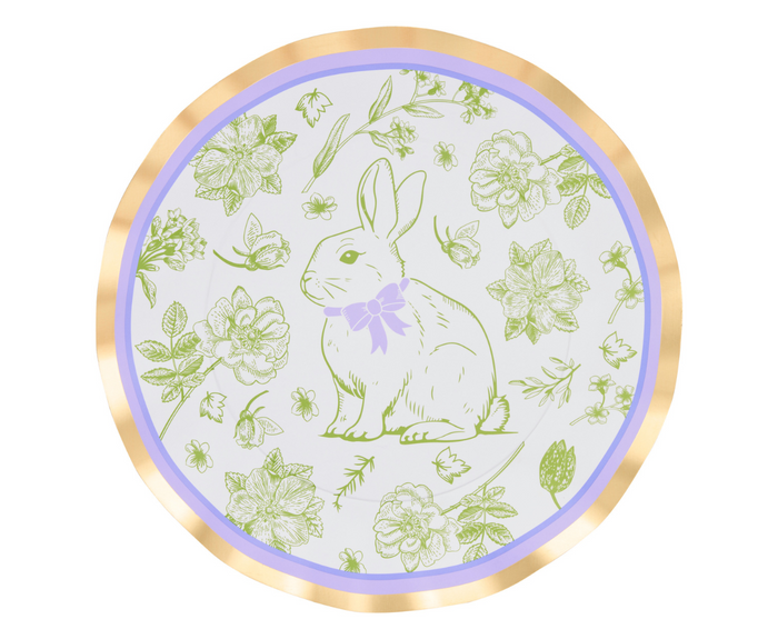 The Ultimate Easter Tablescape for 16: Easter Toile by Sophistiplate LLC features designer plates with a green rabbit and lavender bow among flowers, finished with a lavender border and gold rim—perfect for your Easter celebration.