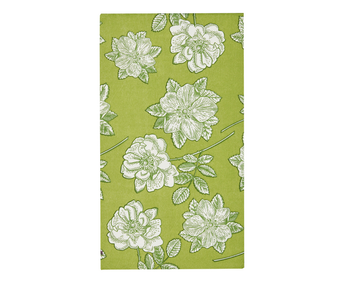 Sophistiplate LLC’s Ultimate Easter Tablescape for 16: Easter Toile features a green rectangular cloth adorned with white blooming flowers—perfect for festive gatherings or pairing with designer paper plates for a fresh Easter look.