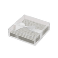 The Sophistiplate Eco Cocktail Napkin with Napkin Tray features white napkins with gray stripes neatly arranged in an acrylic tray and finished with a white satin bow, offering an elegant touch to any modern tabletop.
