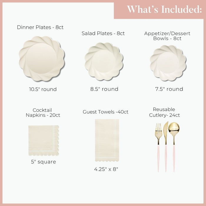 An image titled "What's Included" shows the Sophistiplate LLC Eco Cream & Blush Cutlery Bundle: 8 dinner plates (10.5"), 8 salad plates (8.5"), 8 dessert bowls (7.5"), 20 cocktail napkins, 40 guest towels, and 24 reusable cutlery pieces.
