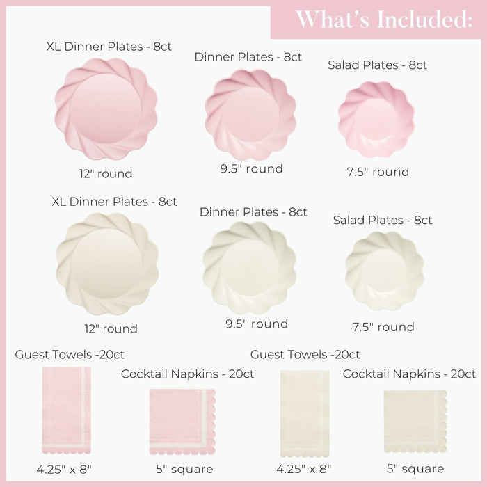 Image displaying the Eco Cream & Blush Table Setting for 16 by Sophistiplate LLC, featuring pink and white scalloped-edge disposable plates in three sizes, guest towels, and cocktail napkins. Each item's size and quantity are labeled.