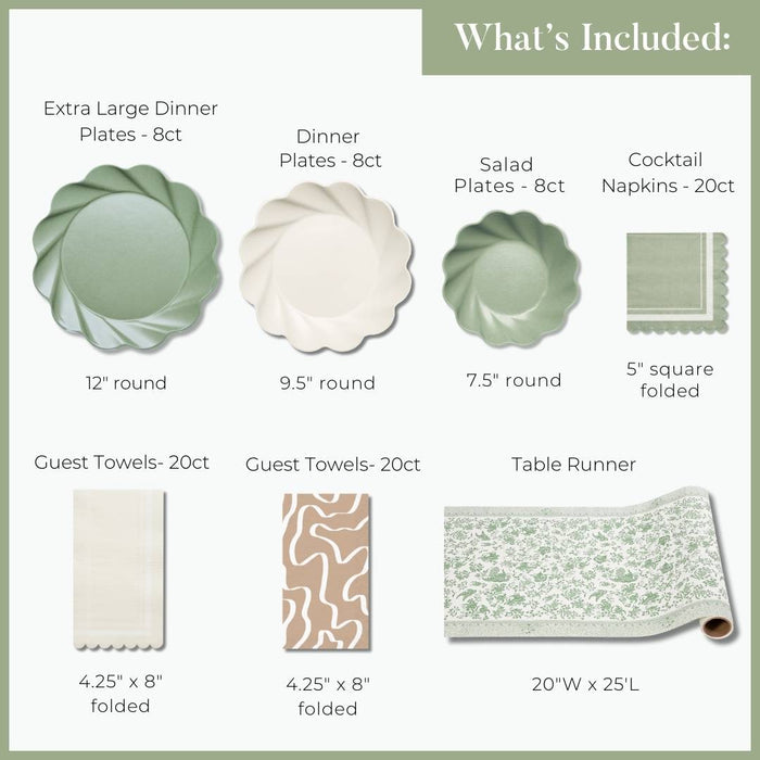 A chart titled "What's Included" displays Sophistiplate LLC’s Eco Cream & Sage Table Setting: pastel green and cream extra large dinner plates, dinner plates, salad plates, cocktail napkins, guest towels, and a green floral table runner with sizes.