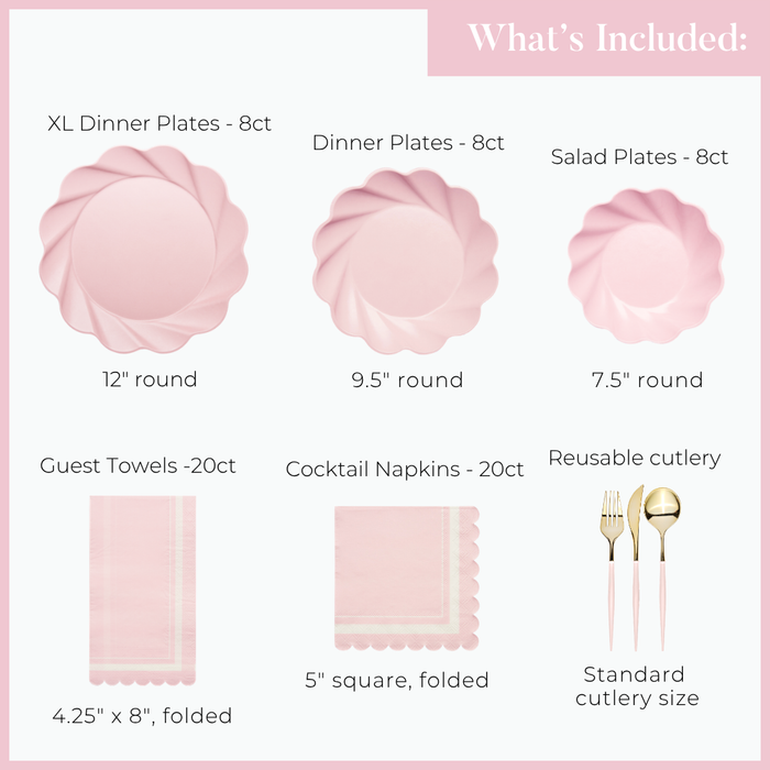 Here’s a rewritten sentence using the provided product data: Image showing what’s included in the Sophistiplate Eco-Friendly Table Setting - Blush: 8 XL dinner plates (12″), 8 dinner plates (9.5″), 8 salad plates (7.5″), 20 guest towels, 20 cocktail napkins, and standard reusable cutlery. All items come in an elegant pink hue, featuring eco-friendly party plates for a stylish and sustainable celebration.