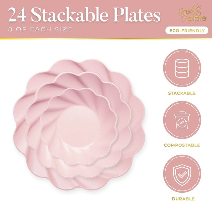 The Sophistiplate Eco-Friendly Table Setting- Blush includes 24 pink, scalloped-edge, compostable plates (8 each of 3 sizes), featuring stackable, compostable, and durable icons.