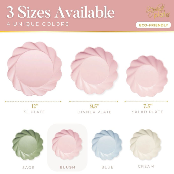 A chart features Sophistiplate’s Eco-Friendly Table Setting- Blush: three round, scalloped-edge pink plates (12", 9.5", 7.5"). Available in four colors—green, pink, blue, and ivory. Text says: 3 Sizes Available, 4 Unique Colors.
