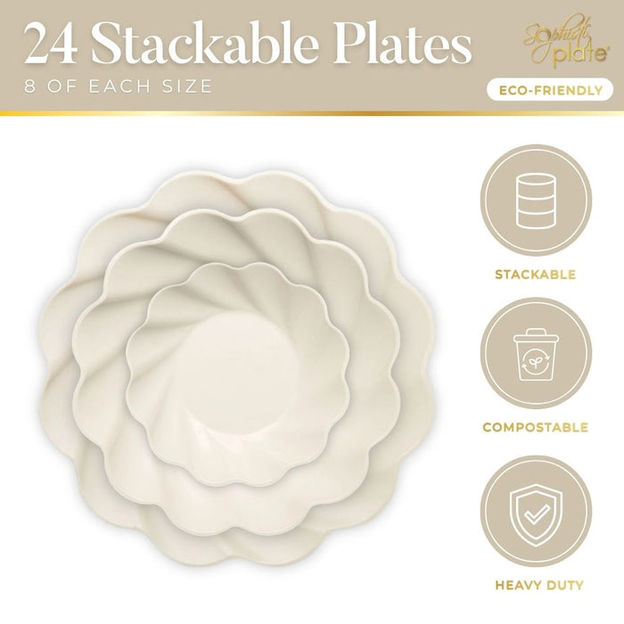 Three cream-toned, scalloped-edge plates from the Sophistiplate Eco-Friendly Table Setting are stacked together. Text highlights “24 Stackable Plates,” “Compostable Party Plates,” and icons for stackable, compostable, and heavy duty.