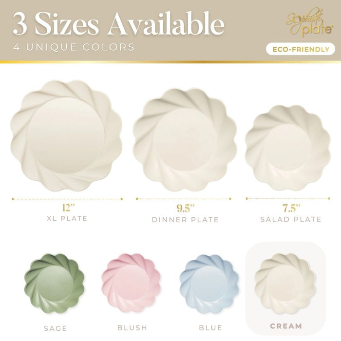 Image shows Sophistiplate’s Eco-Friendly Table Setting–Cream: three scalloped bamboo plates (12” XL, 9.5” dinner, 7.5” salad), available in 3 sizes and 4 colors—an eco-friendly choice for stylish tableware.