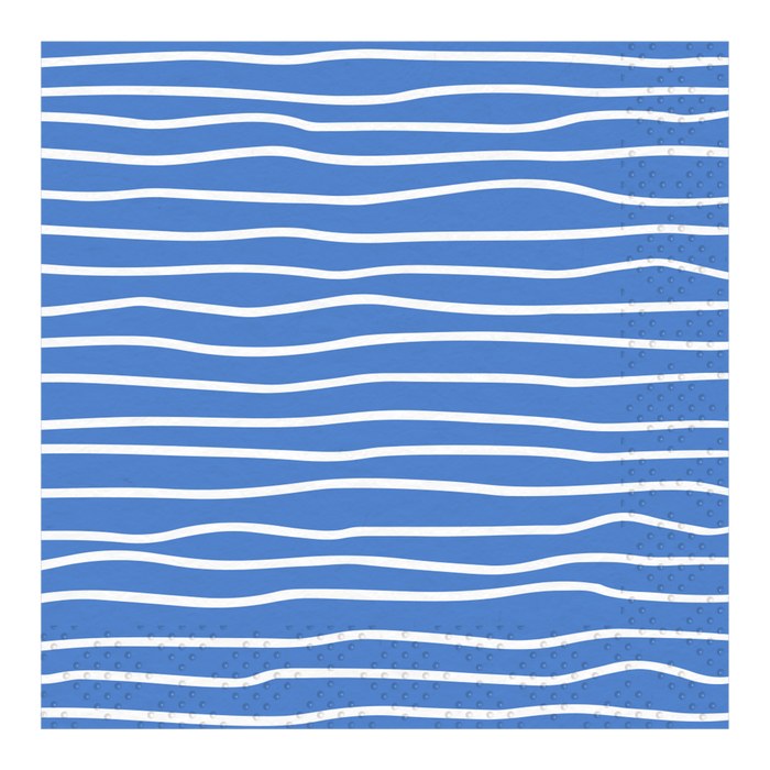 Abstract wavy white lines on a blue background evoke water, inspiring modern napkins. Small raised dots in the corner add texture—like the detail on Sophistiplate's Cocktail Napkin Eco French Blue/20 pkg.