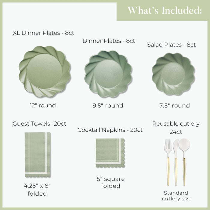 A “What’s Included” chart shows the Eco-friendly Table Setting- Sage by Sophistiplate LLC: 8 XL compostable plates (12"), 8 dinner plates (9.5"), 8 salad plates, 20 guest towels, 20 cocktail napkins, and 24 reusable cutlery pieces.
