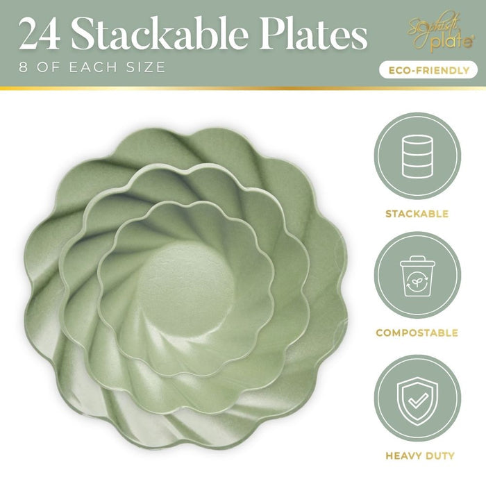 The Sophistiplate LLC Eco-friendly Table Setting- Sage features 24 stackable, scalloped green bamboo plates in three sizes—heavy-duty, compostable, and perfect for parties with sustainable style.