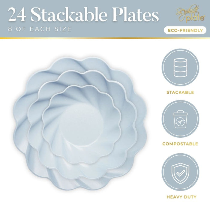 Four scalloped-edge plates in various sizes are stacked on a light background. Text above reads Sophistiplate Eco-Friendly Table Setting—Sky Blue: 24 compostable party plates (8 of each size). Icons show they’re stackable, compostable, and heavy duty.