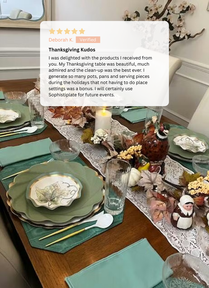 Create a sustainable Thanksgiving celebration with the Sophistiplate Eco-Friendly Table Setting- Sage, featuring green chargers, white plates, and autumn-inspired decorations.