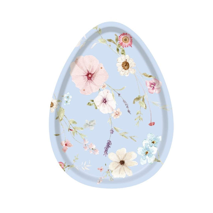 The Sophistiplate Egg Salad Plate Easter Fields Assorted (16-pack) features pastel blue, egg-shaped paper plates with colorful floral patterns—ideal for stylish gatherings or as disposable party plates.