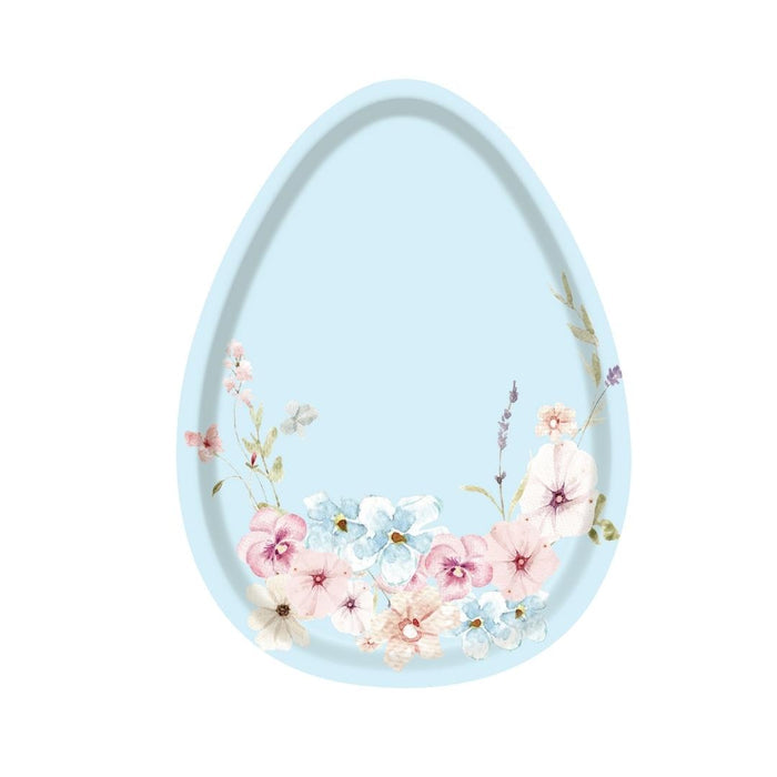 The Sophistiplate Egg Salad Plate Easter Fields Assorted (16/pkg) features a light blue, egg-shaped design with pastel pink, white, and blue flowers along the bottom and lower right edge on a plain white background—ideal for festive gatherings.
