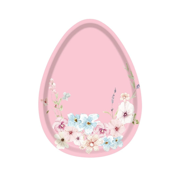 The Sophistiplate Egg Salad Plate Easter Fields Assorted (16-pack) features a pink, egg-shaped frame with pastel pink, white, and blue flowers along the bottom edge on a white background.