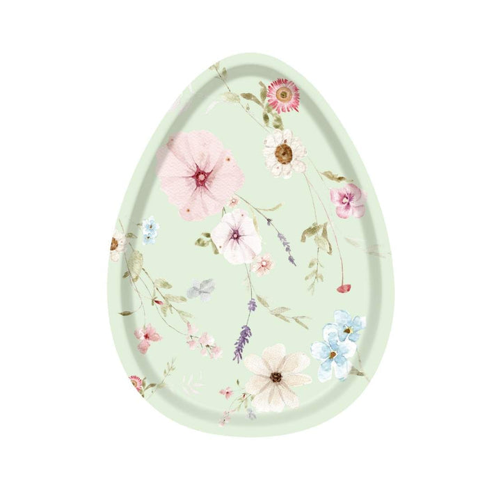 The Sophistiplate Egg Salad Plate Easter Fields Assorted (16-pack) features pastel green, egg-shaped plates with delicate floral designs in pink, white, blue & lavender—perfect for adding charm to your next celebration.