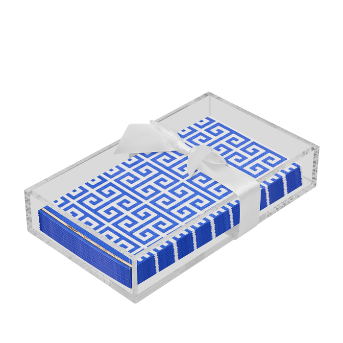 The Sophistiplate Everyday Guest Towel with Napkin Tray features a clear rectangular holder containing blue and white Greek key patterned towels, elegantly tied with a white ribbon bow.