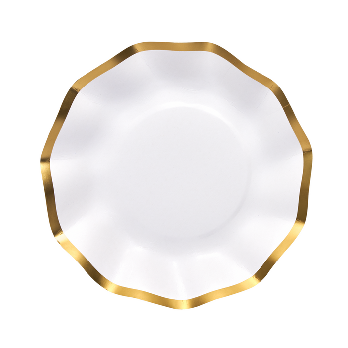 The Sophistiplate Everyday White Appetizer/Dessert Bowls (8-pack) feature a classic white design with a wavy, scalloped edge and a gleaming gold rim. Inspired by elegant gold-trimmed serveware, these empty bowls are shown against a plain white background.