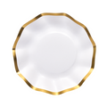 The Sophistiplate Everyday White Appetizer/Dessert Bowls (8-pack) feature a classic white design with a wavy, scalloped edge and a gleaming gold rim. Inspired by elegant gold-trimmed serveware, these empty bowls are shown against a plain white background.