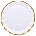 The Sophistiplate Everyday White Charger Plates (8pk) feature round white paper plates with a shiny gold trim, shown from above on a plain background.