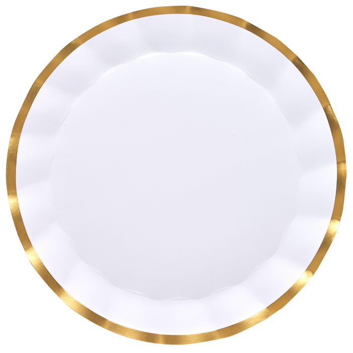 The Sophistiplate Everyday White Charger Plates (8pk) feature round white paper plates with a shiny gold trim, shown from above on a plain background.
