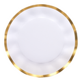 The Sophistiplate Everyday White Dinner Plates/8pk, featuring a round white design with a shiny gold rim and shown from above against a white background, exemplify the elegance that gold-trimmed plates bring to any special occasion.