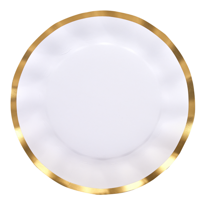 The Sophistiplate Everyday White Dinner Plates/8pk, featuring a round white design with a shiny gold rim and shown from above against a white background, exemplify the elegance that gold-trimmed plates bring to any special occasion.