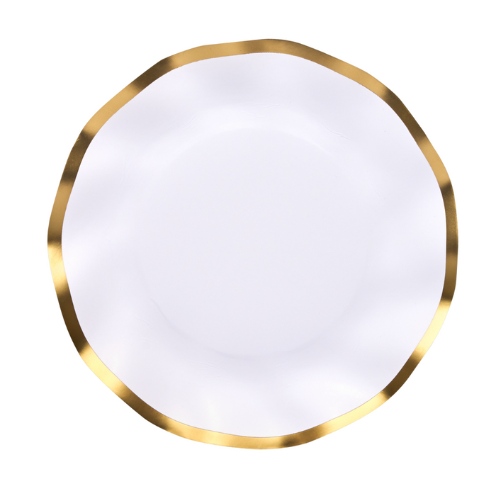 An overhead view of a round white porcelain salad plate from the Sophistiplate Everyday White Salad Plates/8pk set, featuring a wavy, metallic gold rim and a scalloped-edge design, displayed on a plain white background.