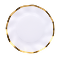 An overhead view of a round white porcelain salad plate from the Sophistiplate Everyday White Salad Plates/8pk set, featuring a wavy, metallic gold rim and a scalloped-edge design, displayed on a plain white background.