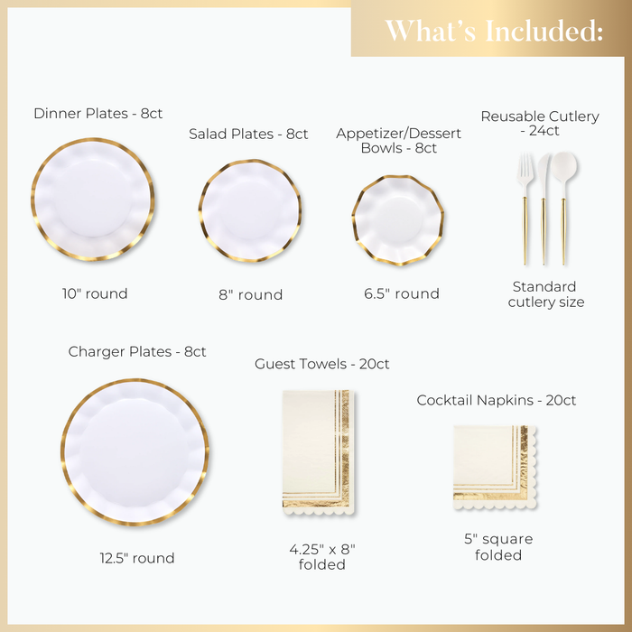 The Everyday White Table Setting by Sophistiplate LLC includes dinner plates (10ct), salad plates (8ct), appetizer bowls (6.5", round), charger plates (12.5"), reusable cutlery (24ct), guest towels (20ct), and cocktail napkins (20ct).