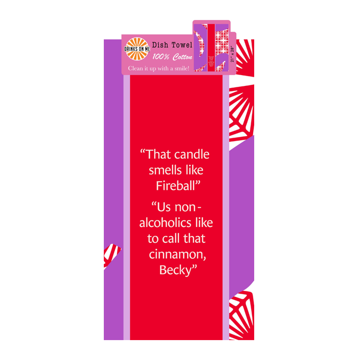 Add a splash of humor to your kitchen with the Drinks On Me Fireball Dish Towel! This red and purple 100% cotton towel features witty white text—fun gift or perfect for cleaning up with a smile.