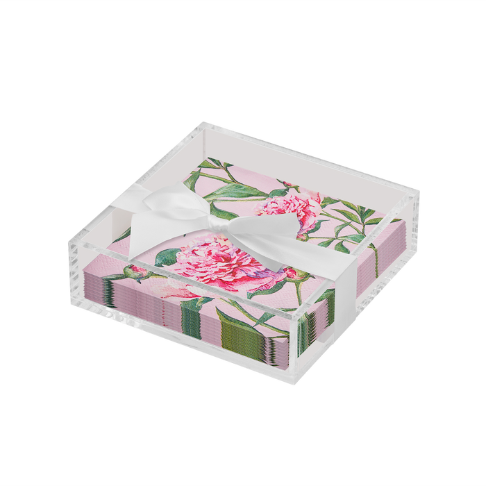 The Sophistiplate Floral Cocktail Napkin with Napkin Tray features peony-printed napkins stacked in a clear acrylic tray and tied with a white ribbon—a charming, modern accent for your tabletop.