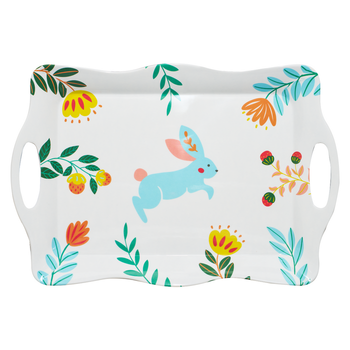 The Sophistiplate Folklore Easter Melamine Tray is a rectangular white serving tray with handles, featuring a blue bunny and colorful orange, yellow, green, and red floral designs.