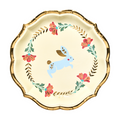The Sophistiplate Folklore Easter Salad Plates (8pk) are cream-colored with a gold scalloped edge, featuring a light blue bunny surrounded by floral wreaths—perfect for your Easter celebration.