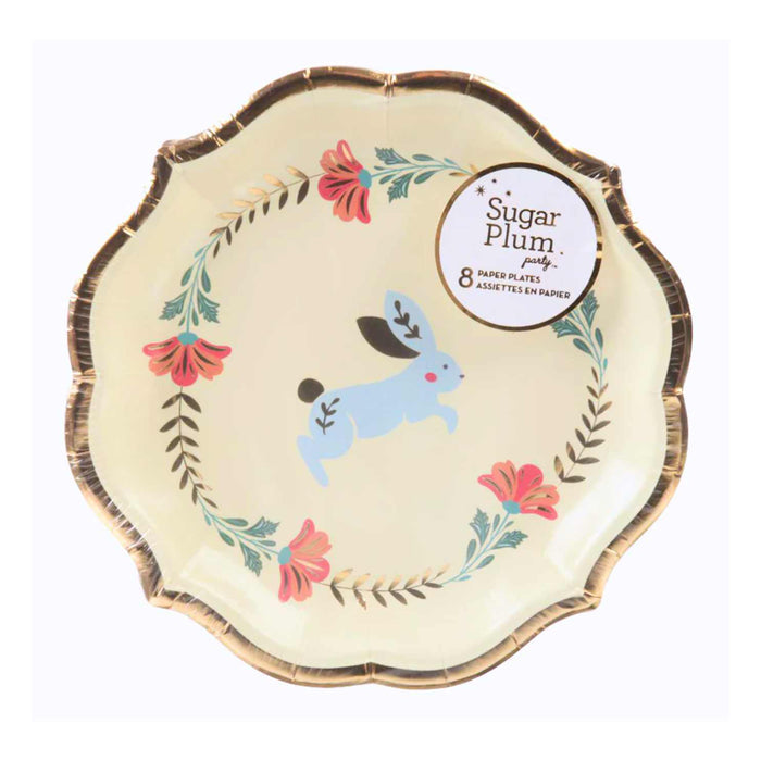 Sophistiplate Folklore Easter Salad Plates/8pk feature scalloped gold edges, pink flowers, and a charming blue rabbit. Perfect for festive gatherings or Easter celebrations. Packaging label: Sugar Plum, 8 disposable party plates.