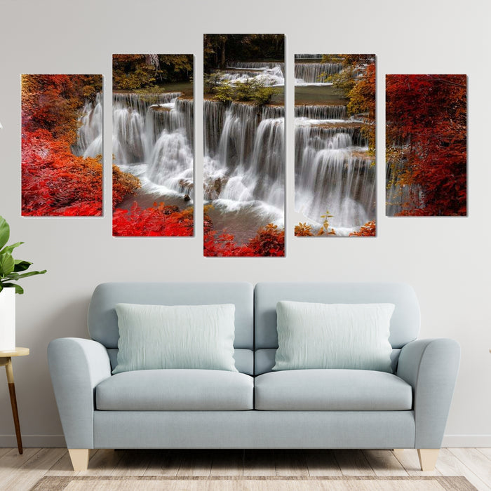 Forest Waterfall Red Trees Nature Wall Art Frame Canvas Printing Decor
