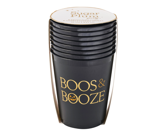 The Sophistiplate Frost Flex Cups "Boos & Booze"/8pk feature black cups with gold lettering and a pumpkin face—perfect reusable party cups for your next Halloween celebration!.
