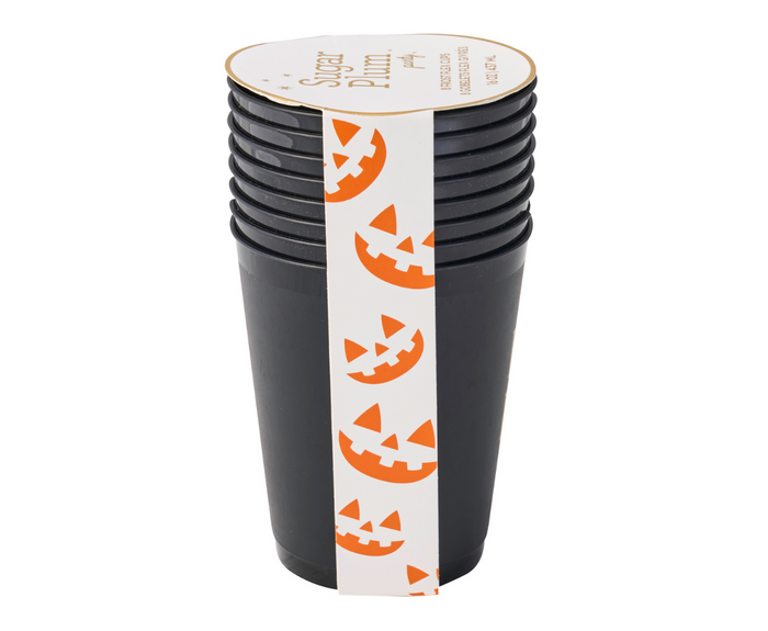 A stack of reusable Frost Flex Cups "Boos & Booze"/8pk by Sophistiplate—perfect Halloween party cups for your spooky celebration!.