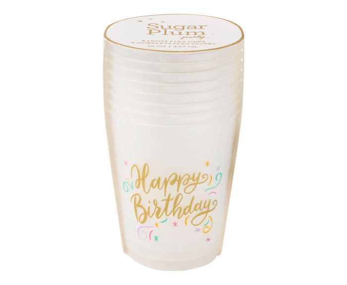 The Sophistiplate Frost Flex Cups "Happy Birthday" 8pk features reusable frosted cups with gold cursive lettering and colorful stars—ideal for birthday parties or cocktails, finished with a Sugar Plum label.