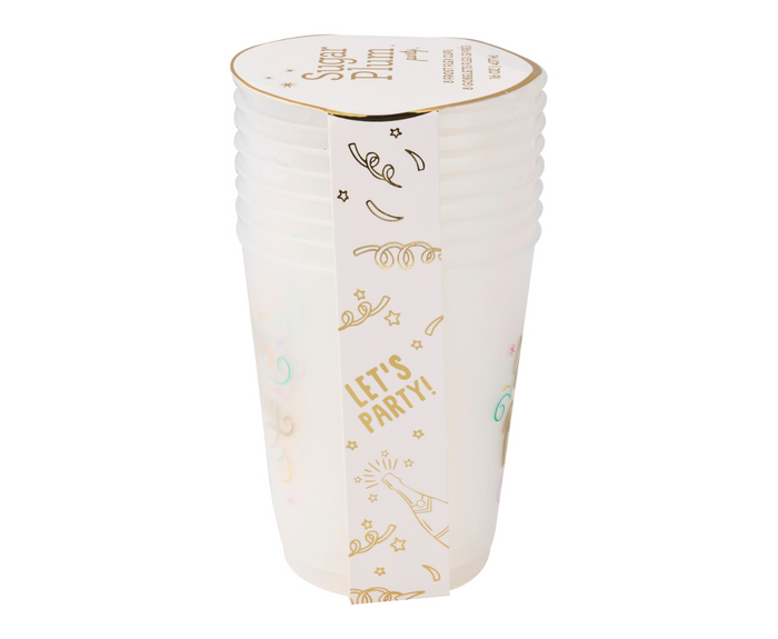 A set of Sophistiplate Frost Flex Cups "Happy Birthday" (8pk), featuring festive gold designs, ideal as birthday party drinkware, displayed against a plain white background.
