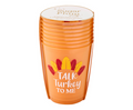 A set of eight Sophistiplate Frost Flex Cups features "Talk Turkey To Me" with colorful turkey feathers—festive reusable cups perfect for Thanksgiving parties. The top cup has a Sugar Plum sticker.