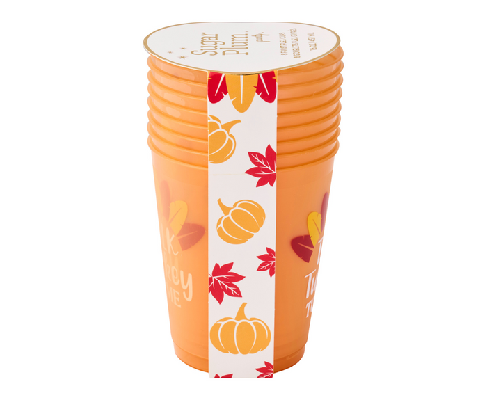 A set of eight Frost Flex "Talk Turkey to Me" cups by Sophistiplate—festive and reusable, perfect for Thanksgiving parties and seasonal celebrations.