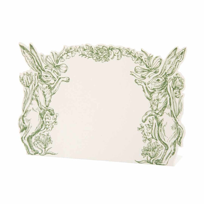 Hester & Cook’s Garden Hares Place Cards (Pack of 12) feature cream cards with green illustrations of upright rabbits surrounded by floral designs—perfect for labeling buffets or using as elegant place cards.