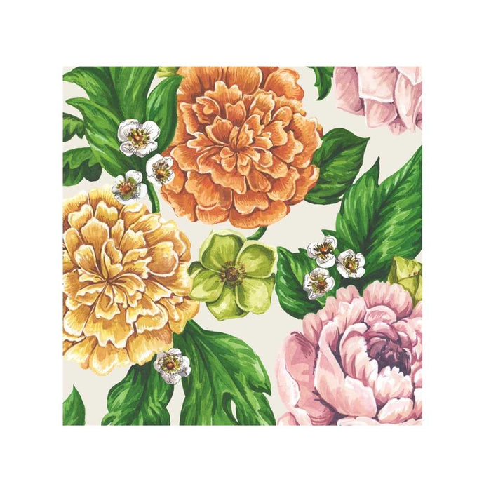 The Garden Rose Cocktail Napkins by Hester & Cook feature a seamless floral design with vibrant orange, yellow, and pink flowers—ideal for spring gatherings. Each pack includes 20 napkins.