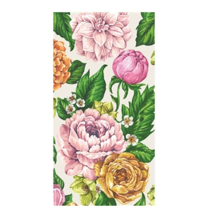Add a touch of spring to your party with Hester & Cook’s Garden Rose Guest Towels—featuring a bright floral pattern with large pink, yellow, and orange flowers and green leaves. Pack of 16. Perfect for napkins or guest towels.