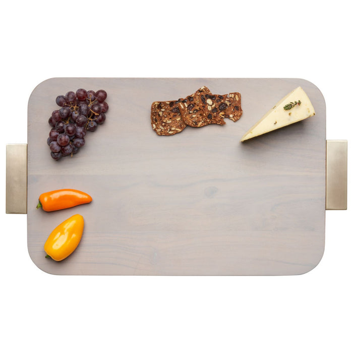 The Maple Gary Acacia Wood Cutting + Cheeseboard (18 x 12") with gold handles beautifully serves grapes, mini bell peppers, crackers, and cheese—ideal for a personalized cheeseboard on any occasion.