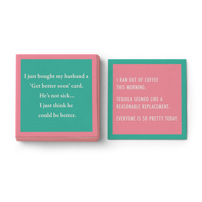 Two funny "Get better soon Napkin" cocktail napkins by Drinks On Me—great for white elephant gifts or your bar cart. One jokes about husband upgrades; the other swaps coffee for tequila with witty text in colorful designs.