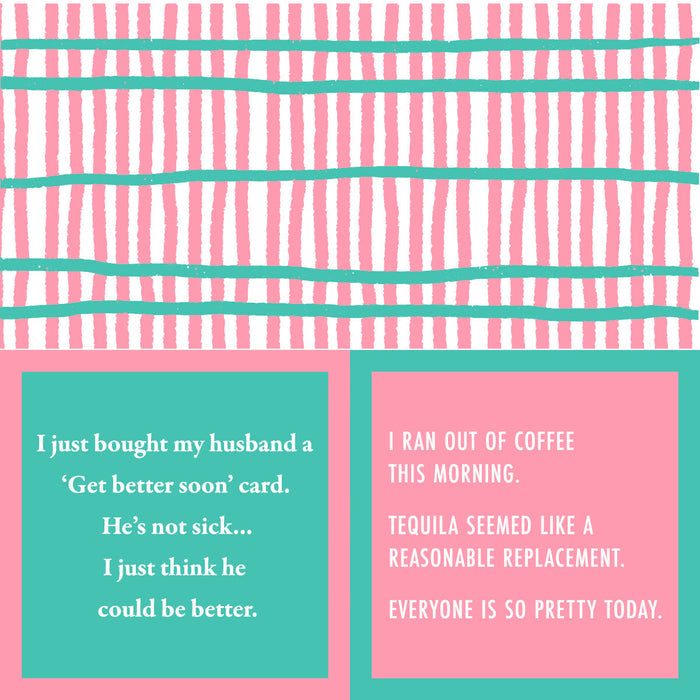 A graphic with pink and green wavy stripes above two boxes. The left highlights Drinks On Me's "Get better soon Napkin" for husbands. The right showcases funny coffee and tequila humor, ideal for cocktail napkins or white elephant gifts.
